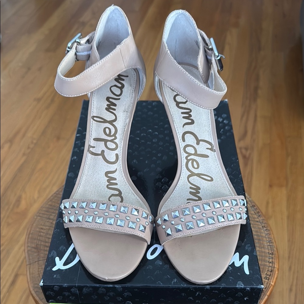 Sam Edelman size 10.5 Tan Heeled Sandals with silver stud embellishments.